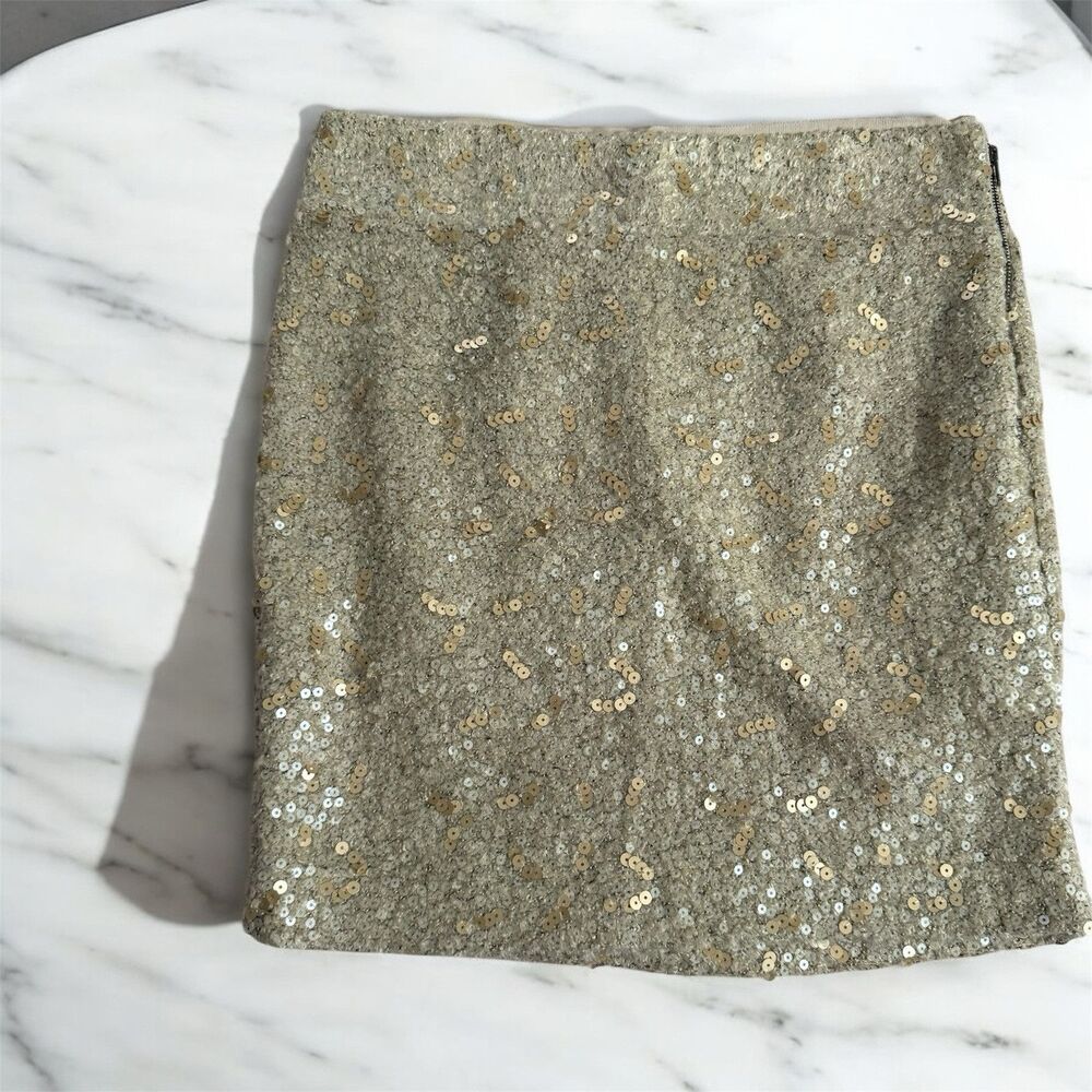 Banana Republic Ivory & Gold Sequin Beige Boucle Ribbon Trim Mini‎ Skirt Sz 0